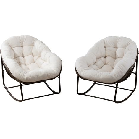 Chaise à bascule en rotin synthétique avec coussin rembourré, fauteuil d'extérieur blanc pour terrasse et jardin (1/5)