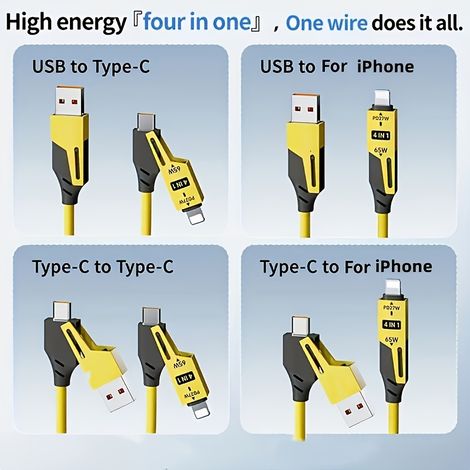 Câble de charge rapide à ressort pour véhicule 2 pièces 4-en-1 Câble Type-C/USB C vers Type-C PD MAX 65W pour iPhone, Samsung, ordinateur portable et chargement Android (1/3)