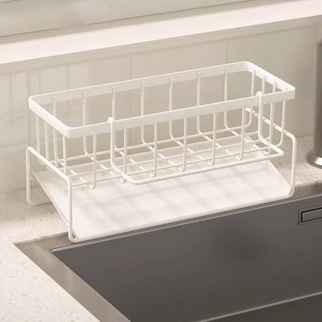 Ablage für Spülbecken und Spültücher – Kohlenstoffstahl – Küchenregal – Ablage für die Arbeitsplatte mit Abtropffläche – 23 x 9 x 10,5 cm – Weiß (1/5)