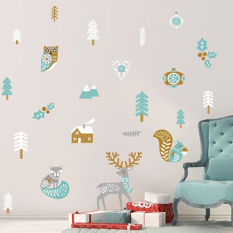 Stickers Noël cerf et renard scandinave - Autocollants stickers adhésifs noël - décoration fêtes - 30x35cm (1/5)