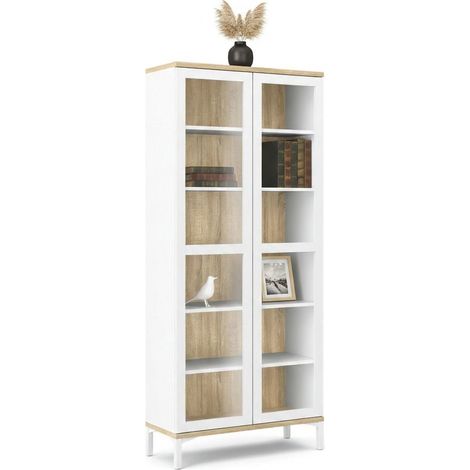 Dmora - Vetrina Lisanne, Credenza espositiva, Vetrinetta multiuso, Madia da soggiorno, 89x36 h203 cm, Bianco e Quercia