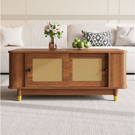 Tavolino da salotto in MDF color noce 100 cm con ante scorrevoli in rattan e contenitore (1/5)