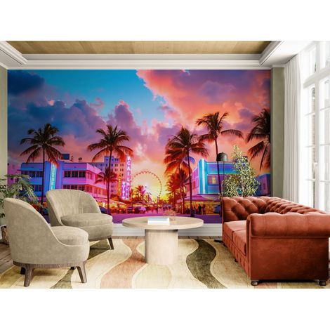 Papier peint Voyage – Palmiers et néons rue de Miami - 150 x 250 cm (1/2)