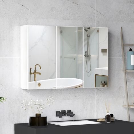 Armadietto bagno con specchio 90x15.5x60 cm bianco in vetro e truciolato con 3 ante e 5 ripiani (1/5)