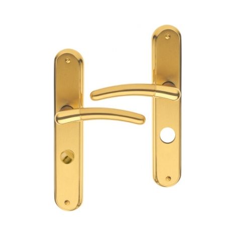 Ouvre&Déco – Lot de 2 poignées de porte BABETTE – Laiton poli satiné – Verrou de condamnation – Entraxe 195 mm – Endurance 200 000 cycles