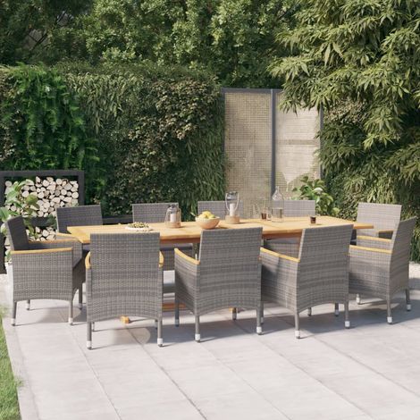 Ensemble repas de jardin 11 pièces en acacia avec chaises et coussins gris - PANGIVO (1/5)