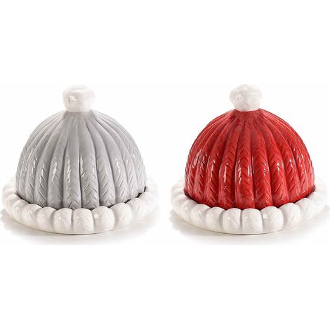 Piatto vassoio di Natale con coperchio a cappello adatto al contatto alimentare realizzato in ceramica colorata, set da 2 pezzi, Ø 16,5 cm x 13 H