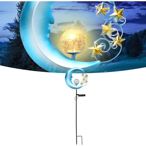 Solarbetriebene LED-Stehlampe aus Schmiedeeisen in Mondform, durchbrochene Stehlampe aus Schmiedeeisen in Form eines sternenklaren blauen Mondes, solarbetrieben für begrünte Wege (1/5)