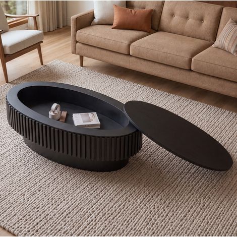 Tavolino ovale 98x60x35 cm in MDF e impiallacciato nero con vano nascosto - MEUBLIV (1/5)