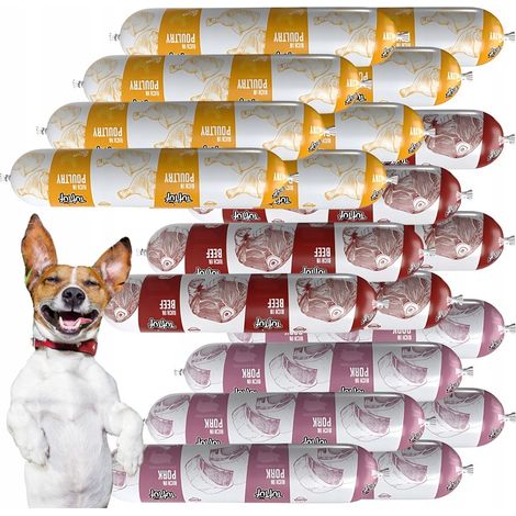 Aliment humide pour chien 70 % viande, assortiment de saveurs saucisse, barre, pâté, 20 sachets de 900 g