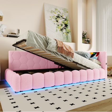 Letto daybed rosa 90x200 cm in velluto con LED, USB, Type-C e contenitore idraulico (1/5)