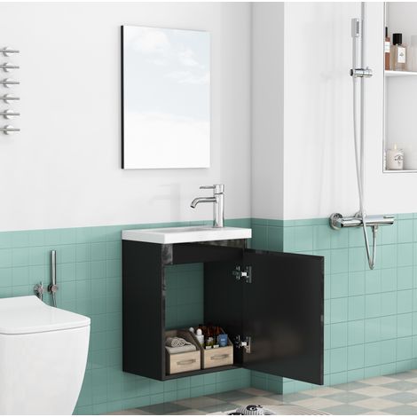 Mueble de baño suspendido 40 cm negro brillante con lavabo de cerámica y espejo (1/5)