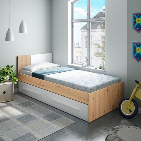 FRS – Lit simple avec tête de lit et 2 tiroirs – Dimensions 196x97 cm – Mélamine chêne et blanc – Pour matelas 90x190 cm - 196x97h41 (1/10)