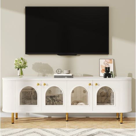 Mueble para TV de MDF blanco y dorado 170x35x55 cm, 4 puertas de cristal, almacenamiento y gestión de cables (1/5)