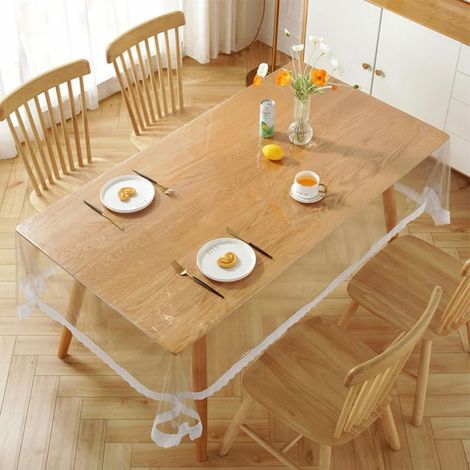 (150 x 230cm)Nappe en dentelle PVC transparente imperméable avec bord en dentelle blanche, protection de table en vinyle, nappe transparente anti rayures pour salle à manger, cuisine, fête à la maison