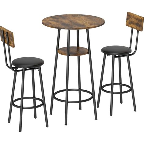 CHICFURN Set de bar para 2 personas con mesa alta compacta, taburetes acolchados con respaldo, estante inferior y estructura de metal para cocina o comedor (1/5)