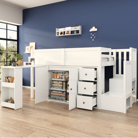 Kinder-Hochbett modern 90x200 cm aus MDF in Weiß, mit ausziehbarem Schreibtisch, Schrank, Schublade, Treppenschrank und Lattenrost (1/5)