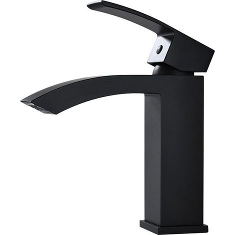 Robinet de lavabo cascade extra-plat en acier inoxydable 304, installation monotrou, poignée relevable, noir (1/5)