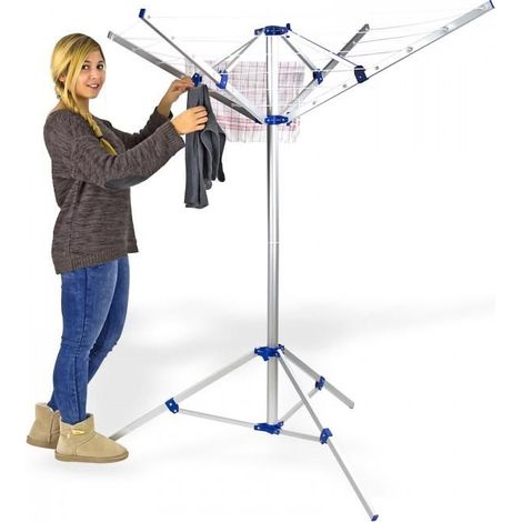 Dema – Etendoir à linge parapluie 16 mètres – Corde nylon Ø 3 mm – Hauteur réglable 74-150 cm – Structure aluminium légère et résistante