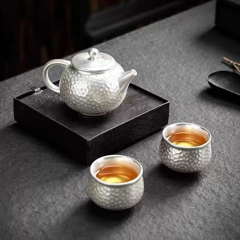 Servizio da tè in argento puro 999 - Servizio da tè tradizionale in argento - Con due tazze - Rivestimento in ceramica - Adatto per il tè pomeridiano o il caffè (Set in argento) (1/3)