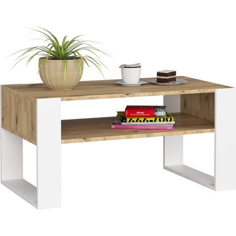 Akord – Table basse fixe chêne artisan 92x50x45 cm – Plateau rectangulaire avec étagère – Pieds blancs – Finition mate (1/5)