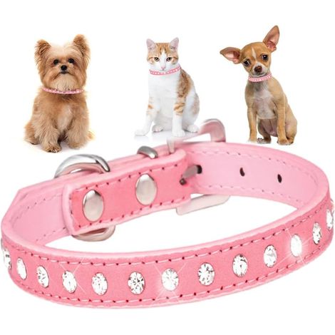 Collier réglable pour chien et chat avec strass scintillants, rose, taille M (1/4)