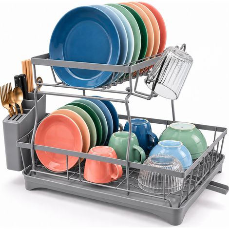 Relaxdays Dish Drainer, Cutlery Basket, Drip Tray with Drain, 34 x 47.5 x 30.5 cm, 2-Tier, Grey (1/5)