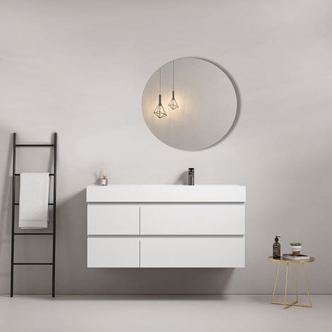 Mobile bagno sospeso 120 cm Bianco Lavabo a Destra in Resina Specchio Tondo - Fiji Paint (1/4)