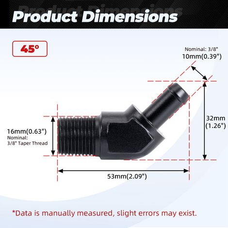 Aluminum 45°/90° hose barbed push-in oil/gas pipe reducer adapter - 3/8-3/8-45° (1/4)