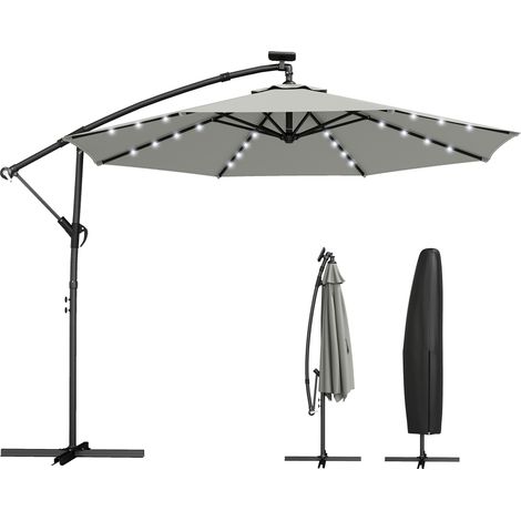 LED-Solar-Sonnenschirm mit Signalleuchten Ø 300 cm – Drehbarer Kurbelgriff mit Schutzhülle – Hellgrau
