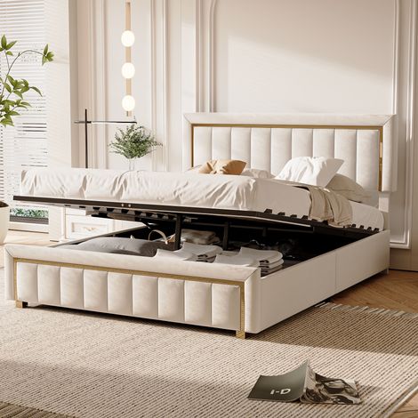 Cama con almacenamiento 140x190 cm – Cama doble Cabecero texturizado vertical, somier de láminas, almacenamiento, tela de lino – Blanco (1/5)