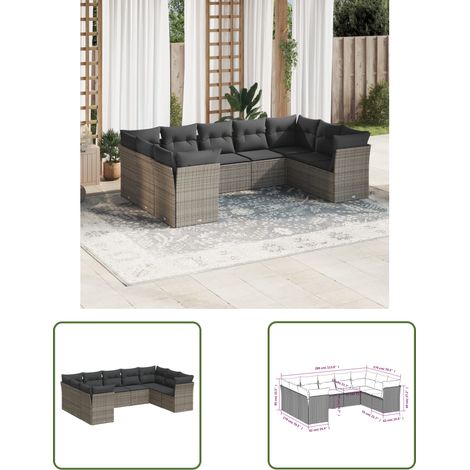 The Living Store 9-tlg. Garten-Sofagarnitur mit Kissen Grau Poly Rattan - Gartensorte - Gartenmöbelset - Lounge Sofa - Outdoor Möbel - Rattan Gartenmöbel (1/3)