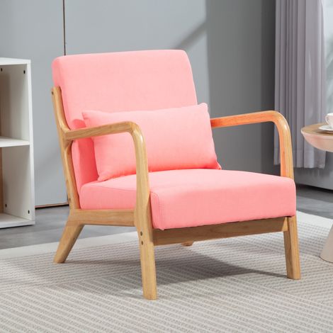 Butaca Nórdica Sillón de Salón Acolchado con Reposabrazos Cojín y Marco de Madera de Caucho 61x78x76 cm Rosa (1/5)