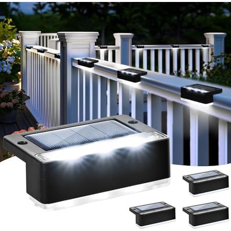 Solpex Lot de 4 lampes solaires d'extérieur blanches pour escaliers, étanches, éclairage LED pour escaliers, marches, clôtures, jardins, cours, décoration (noir, blanc froid) (1/5)