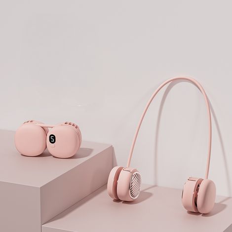 Ventilador de cuello portátil con 5 velocidades y rotación de 360°, ideal para gimnasios y actividades al aire libre. Color rosa. (1/5)