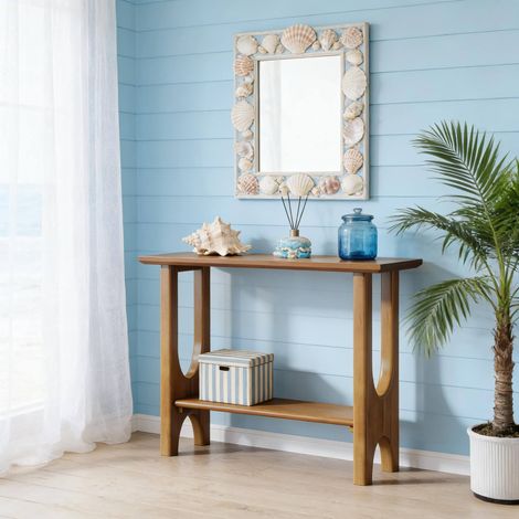 Console d’entrée 105x35x80 cm marron en bois avec étagère inférieure et design Mid-Century (1/5)