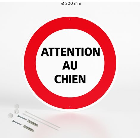 Attention au chien panneau de signalisation rond en aluminium prépercé avec kit de fixation complet - Diamètre 300 mm