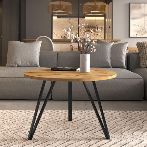 AX LIVING Couchtisch rund Cossie 67cm, Eiche, Schwarzes Metallgestell