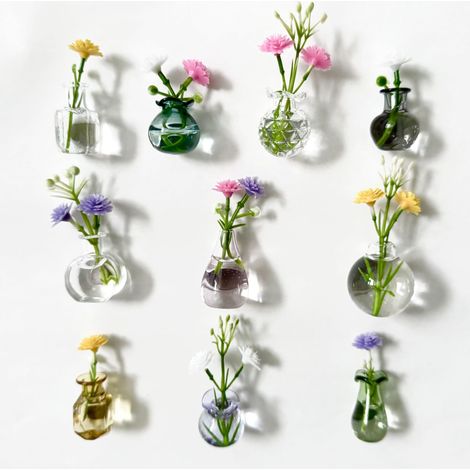 Aimants pour réfrigérateur, accessoires de bricolage, mini vases magnétiques, accessoires pour bouteilles en verre colorées (10 pièces + 4 fleurs artificielles) (1/5)