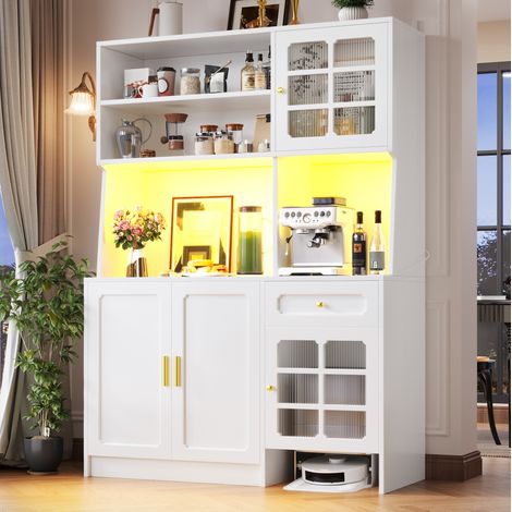 Hochküchenschrank 130 x 45 x 180 cm mit Glastüren und LED-Beleuchtung, Weiß (1/5)