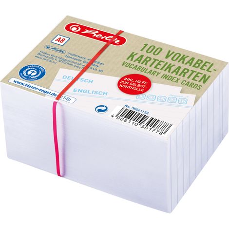 Herlitz A8 Vokabelkarten, liniert, Farbe white und blau, Packung de 100 Stück, speziell für 50041152 Vokabeln. (1/5)