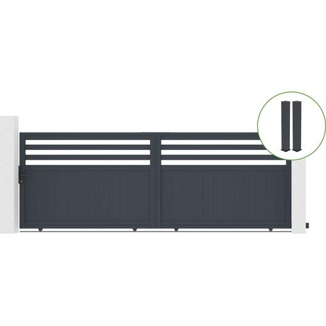 Portail coulissant 4m NEVIS H.140cm alu gris + 2 poteaux 20x20cm H.166cm (1/5)