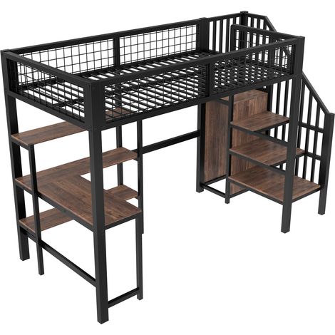 Hochbett Einzelbett 90 x 200 cm mit Schreibtisch, Regalen und Kleiderschrank, ohne Matratze, Schwarz Braun (1/5)