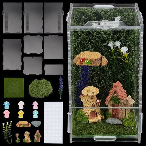 Kit Enceinte pour Araignées Sauteuses Habitat Insectes à Faire Soi-Même Terrarium pour Petits Reptiles Terrariums pour Mantes Religieuses Terrarium en Acrylique avec Décor Habitat 8x8x15cm (1/5)