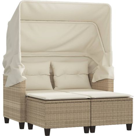 vidaXL Garden Sofa 2-Seater with Canopy and Stools Beige Poly Rattan