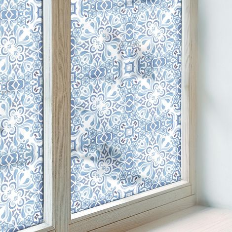 Anti Regard Film pour Vitre 100x100 Décoratif pour Chambre Cuisine Salle de Bain Vitrail Protection Adhésif Collés sur le Verre Carreaux bleus (1/5)