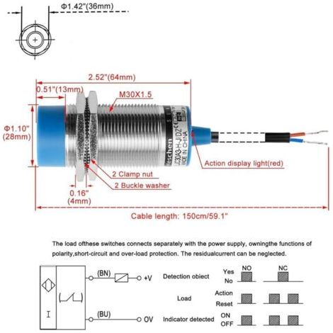 M30 Capacitif Capteur De Proximité Commutateur, LJC30A3-H-J/DZ, Détecteur 1-15mm, 90-250VAC 400mA, normalement fermé (NC), 2 fils (1/3)