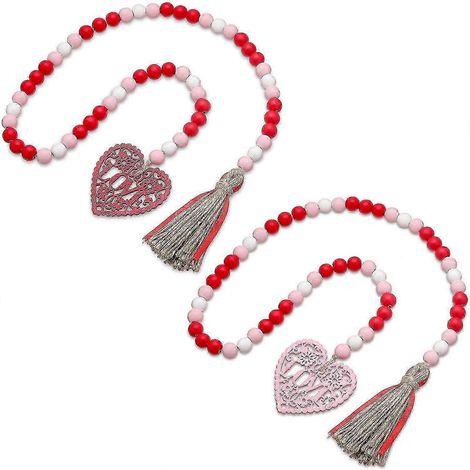 Guirlande de perles en bois en forme de cœur (2 pièces) avec pompon, style champêtre, idéale pour la fête des mères. (1/5)