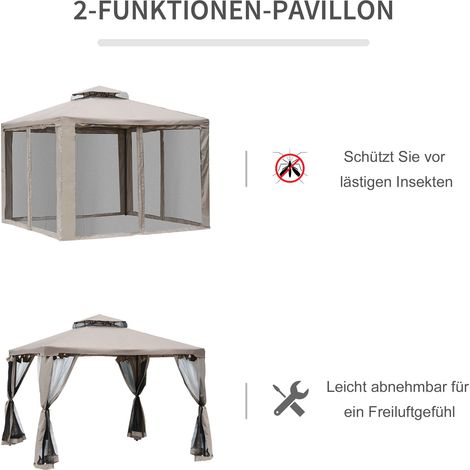 Pavillon de jardin Outsunny double toit 3x3 m, imperméable, robuste, résistant au gel, abri métallique avec moustiquaire et panneaux latéraux, pour terrasse ou espace vert, gris. (1/4)