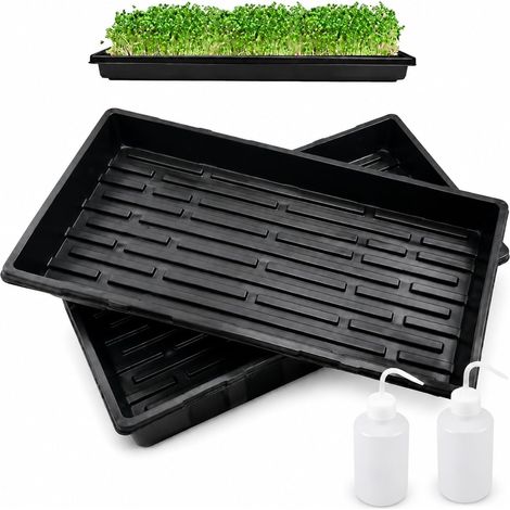 Set of 6 Rectangular Seedling Trays without Holes, Retaining Tray with 2 Watering Bottles, 250 ml, Reusable Plastic Tray for Germination, Microgreens, Indoor and Greenhouse (1/5)